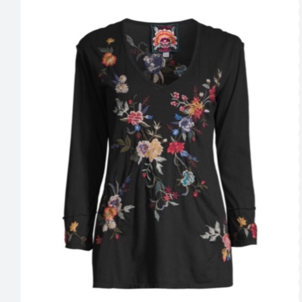 Johnny Was Black Top with Colorful Floral Embroidery